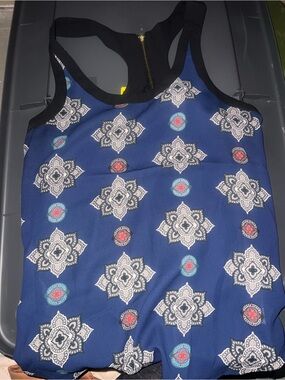 Express Navy Blue Medallion Print Top with Black Trim